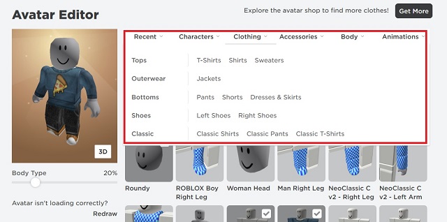 రోబ్లాక్స్ అవతార్ ఎడిటర్లో ఐటెమ్ల మెనూ